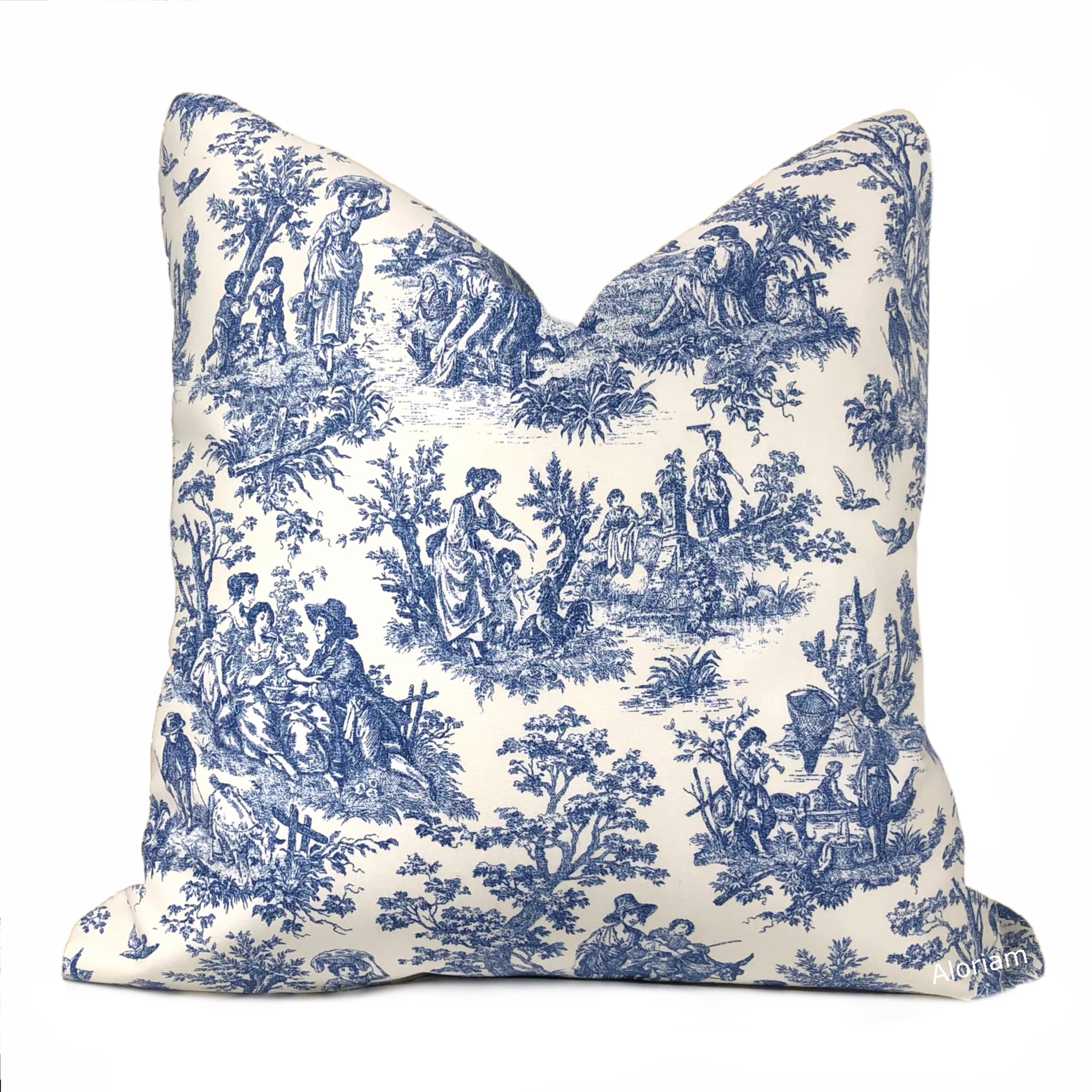French Country Cream Blue Toile Print Pillow Cover