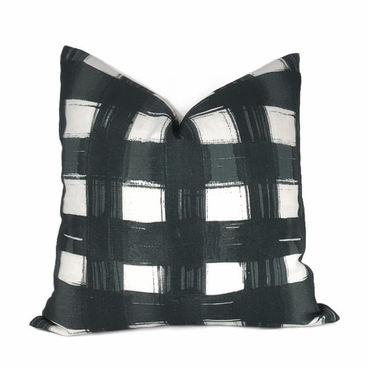 Brentwood Black & White Plaid Checks Print Pillow Cover by Aloriam