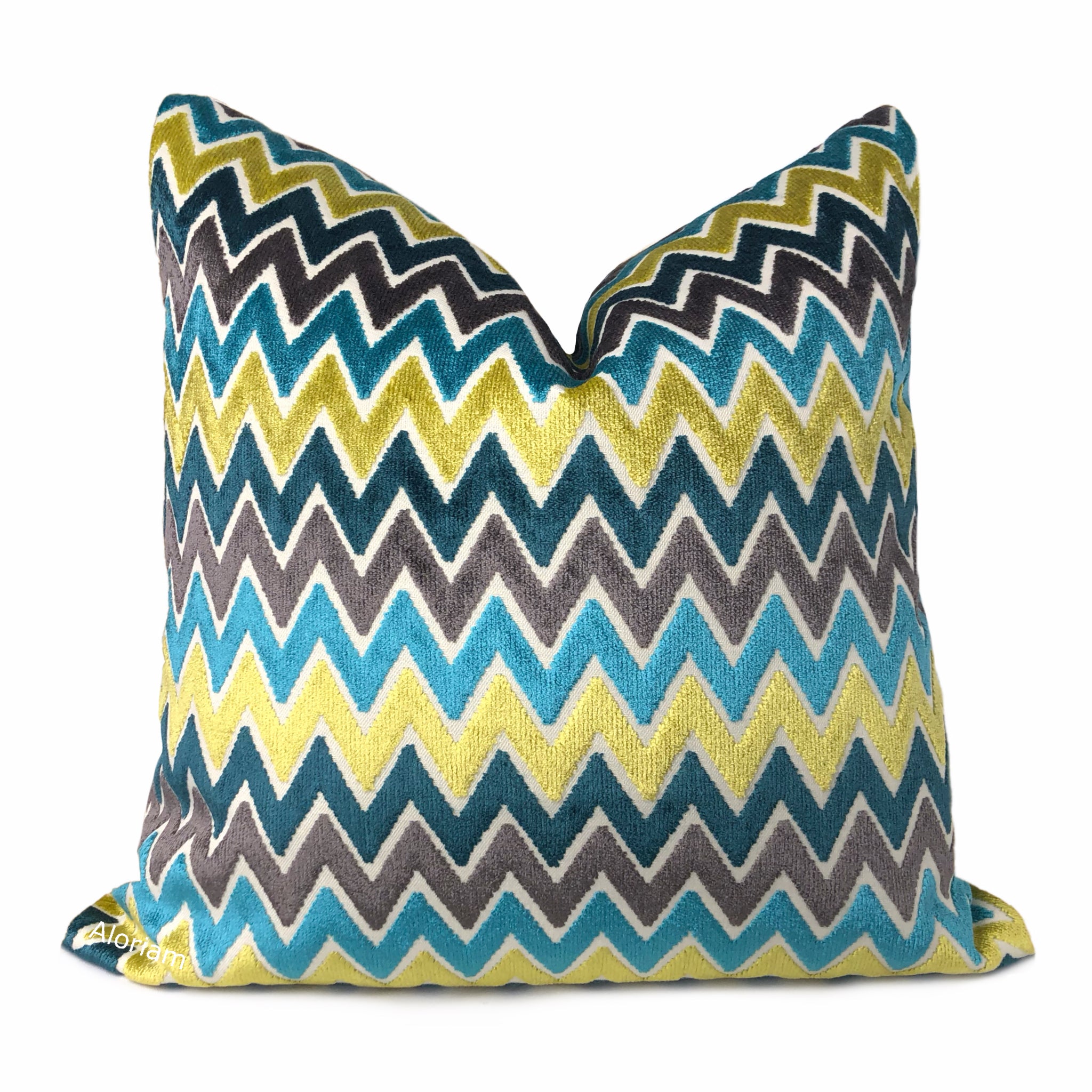Jeremy Teal Blue Yellow Turquoise Charcoal Chevron Velvet Pillow Cover