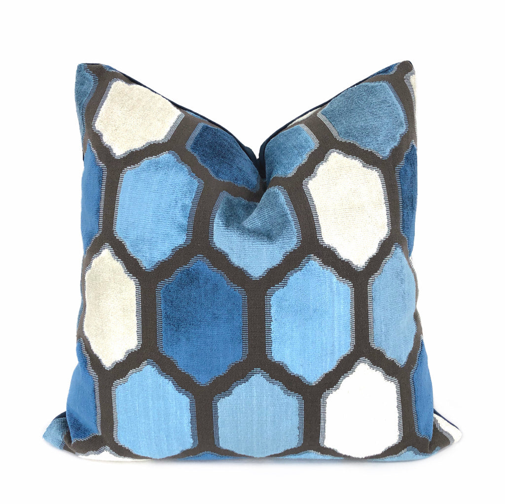 Dorsey Blue Geometric Tile Velvet Pillow Cover by Aloriam