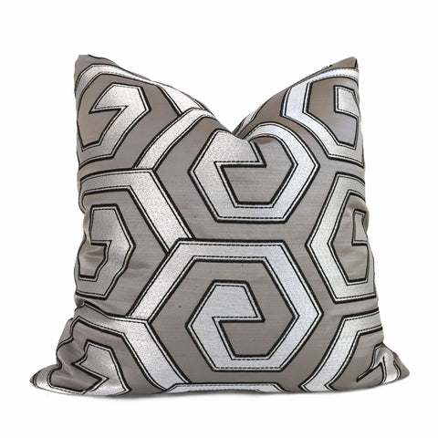 Designer Two Tone Silver Pewter Gray Embroidered Geometric Pillow Cover