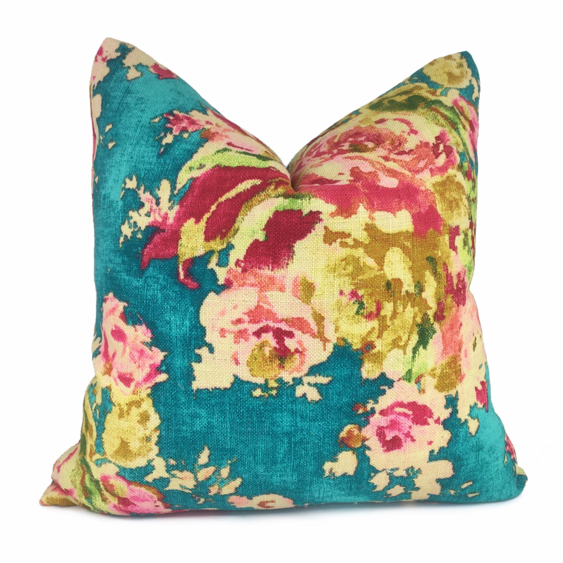 Turquoise Teal Aphrodite Floral Cotton Linen Print Pillow Cover