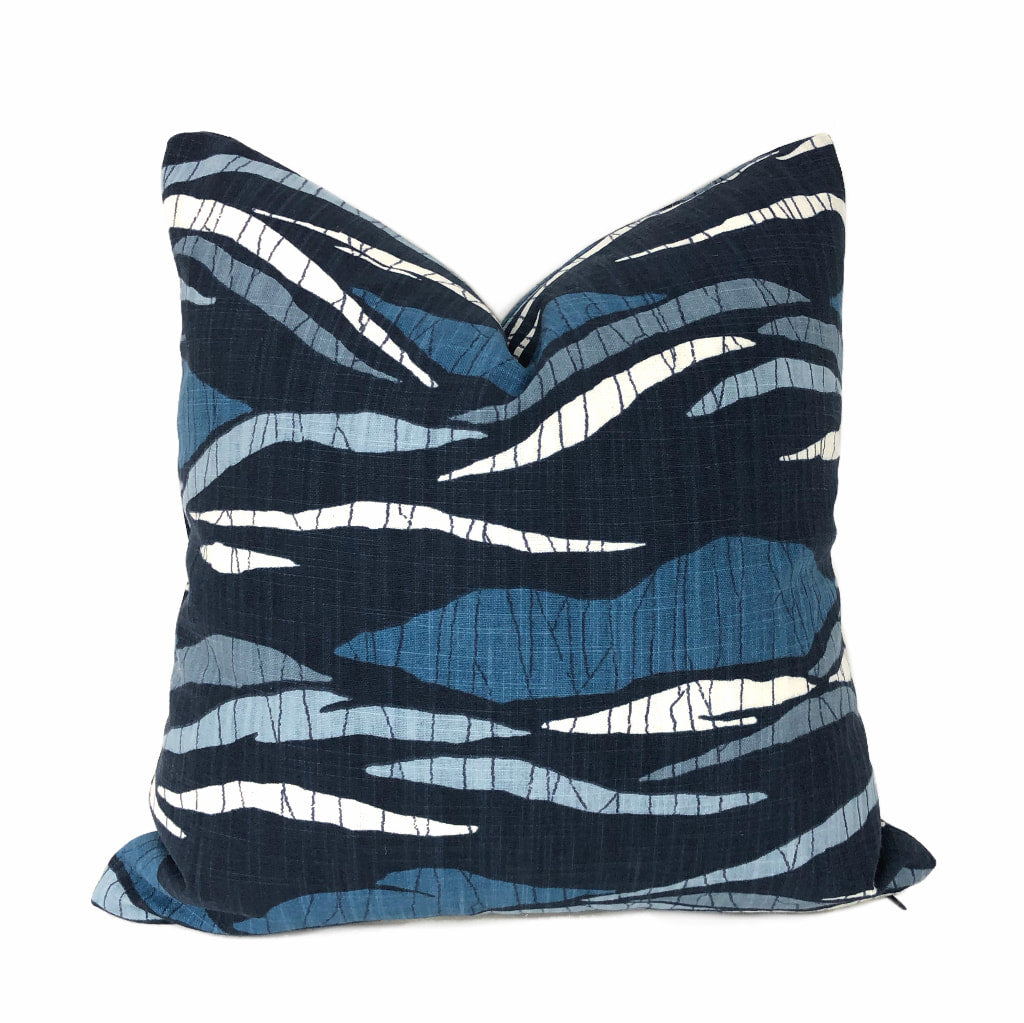 Robert Allen Lotus Hills Navy Blue & White Abstract Cotton Print Pillow Cover by Aloriam
