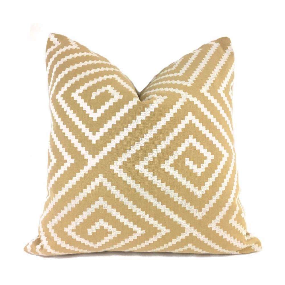 Embroidered Pearl White on Tan Greek Key Maze Pillow Cover