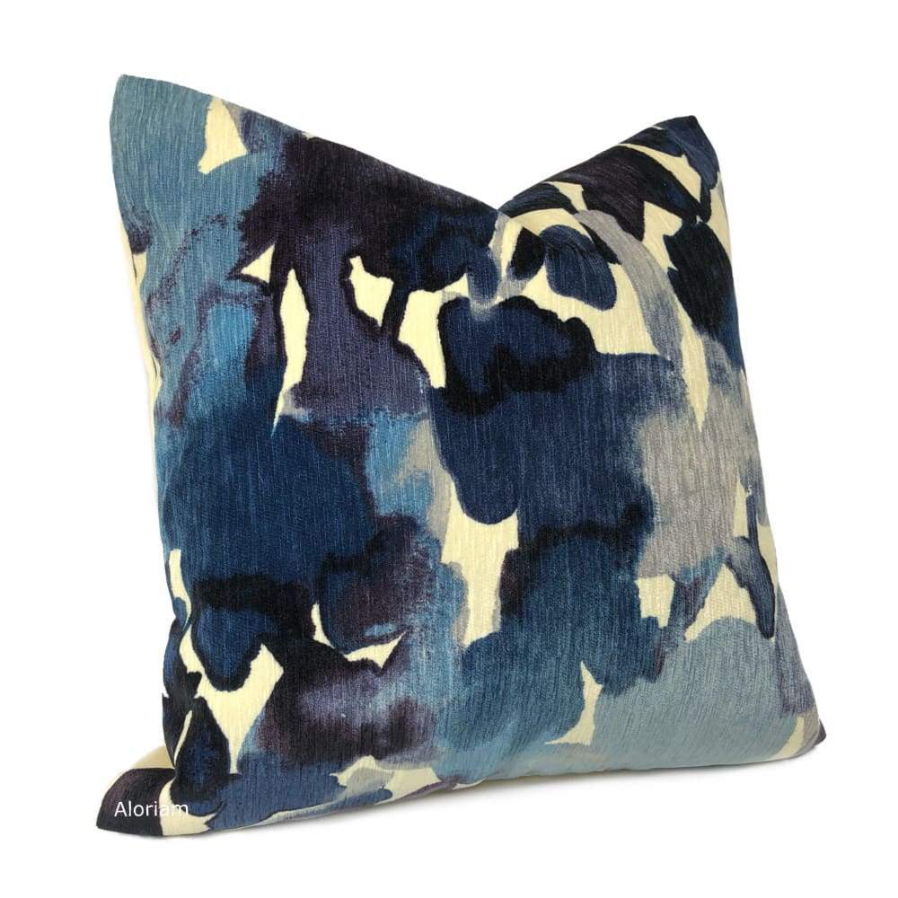 Aquarelle Blue Ivory Watercolor Style Floral Chenille Pillow Cover - Aloriam