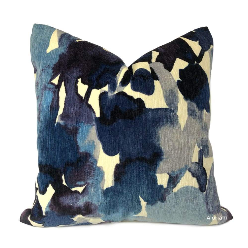 Aquarelle Blue Ivory Watercolor Style Floral Chenille Pillow Cover - Aloriam