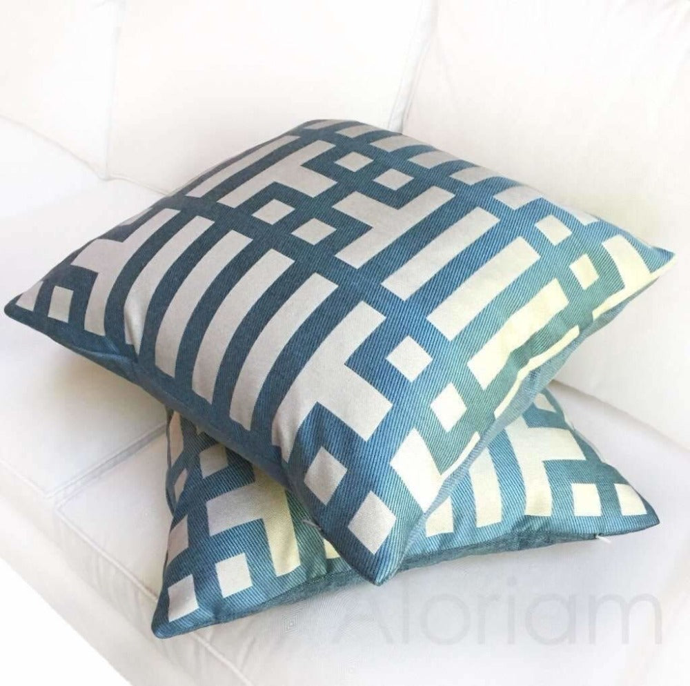 Art Deco Geometric Aqua Blue Jacquard Pillow Cushion Cover