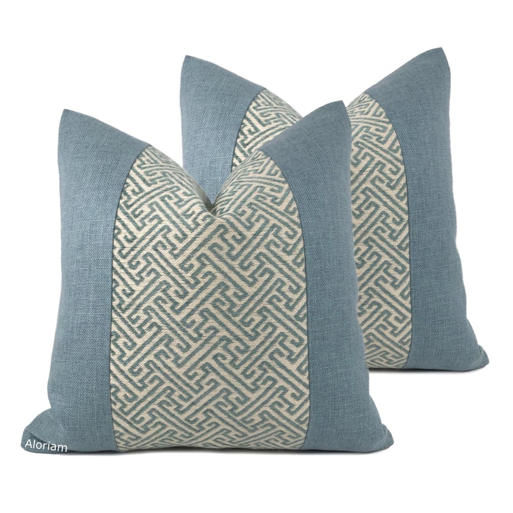 Atlas Greek Key Blue Cream Panel Pillow Cover (SOLD AS A PAIR) - Fits 20x20 insert (19x19 cover) - Matched pair - Aloriam