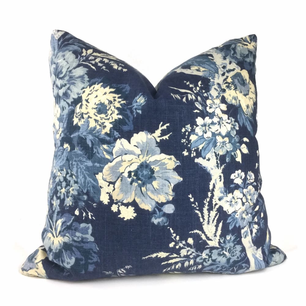 Ballad Bouquet Indigo Blue Cream Floral Print Pillow Cover - Aloriam