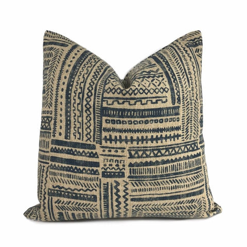 Banba African Ethnic Blue Tan Mudcloth Print Pillow Cover - Aloriam