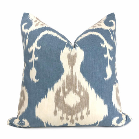 Batam Blue Cream Taupe Ikat Cotton Print Pillow Cover - Aloriam