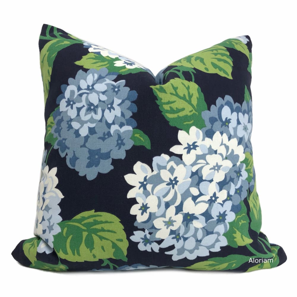 Bella Navy Blue Green White Hydrangea Floral Print Pillow Cover - Aloriam