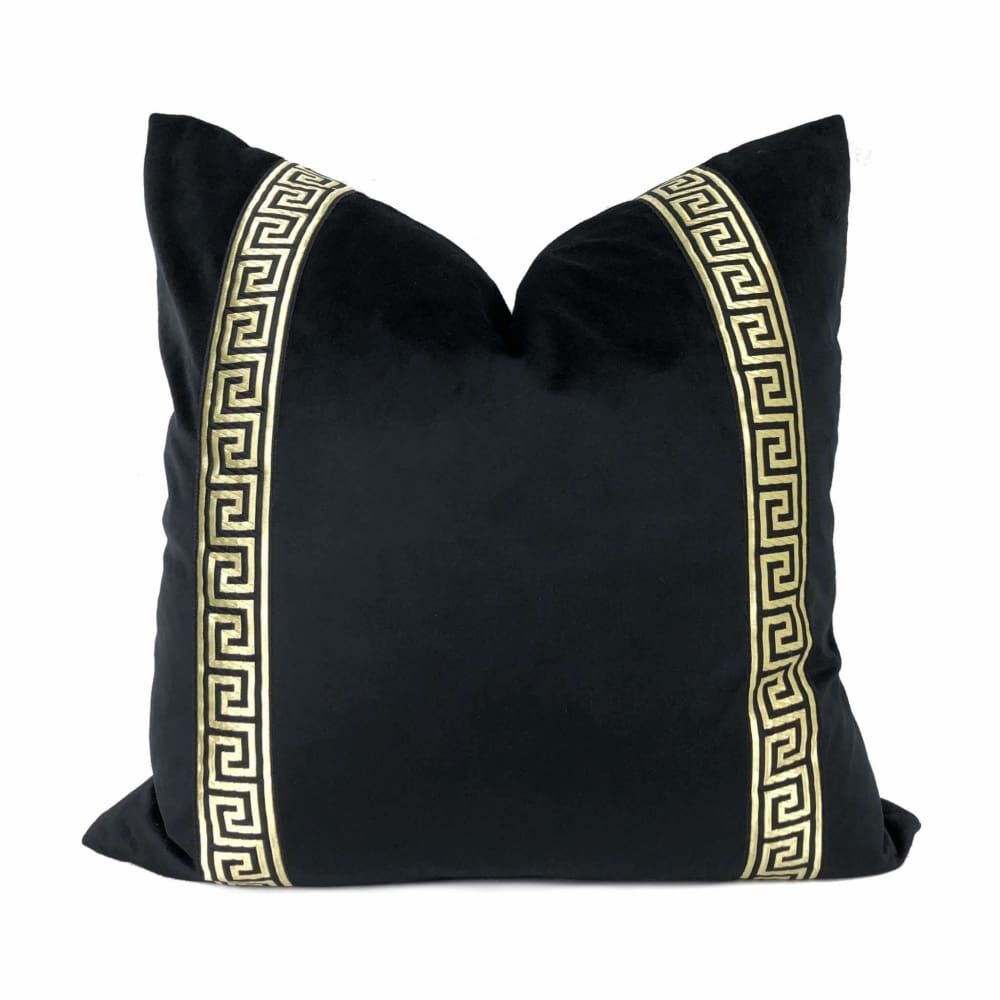 Black Libretto Velvet Pillow Cover with Metallic Gold Greek Key Trim - Aloriam