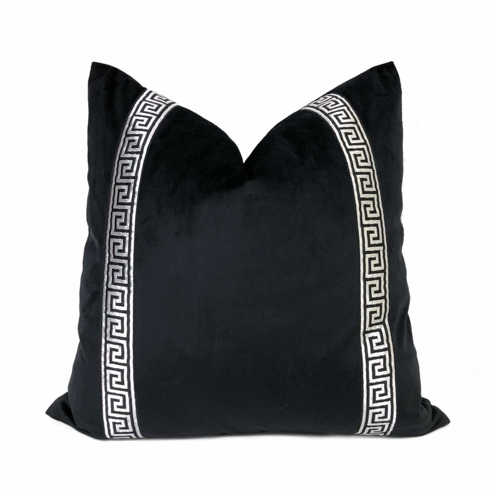 Black Libretto Velvet Pillow Cover with Metallic Silver Greek Key Trim Cushion Pillow Case Euro Sham 16x16 18x18 20x20 22x22 24x24 26x26 28x28 Lumbar Pillow 12x18 12x20 12x24 14x20 16x26 by Aloriam