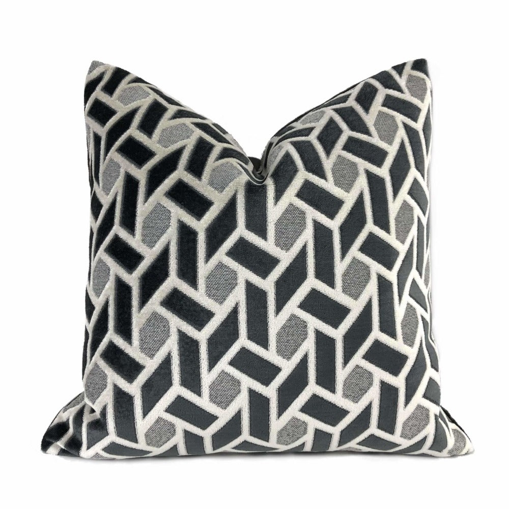 Bloomsbury Dark Gray Light Gray Geometric Tile Velvet Pillow Cover Cushion Pillow Case Euro Sham 16x16 18x18 20x20 22x22 24x24 26x26 28x28 Lumbar Pillow 12x18 12x20 12x24 14x20 16x26 by Aloriam