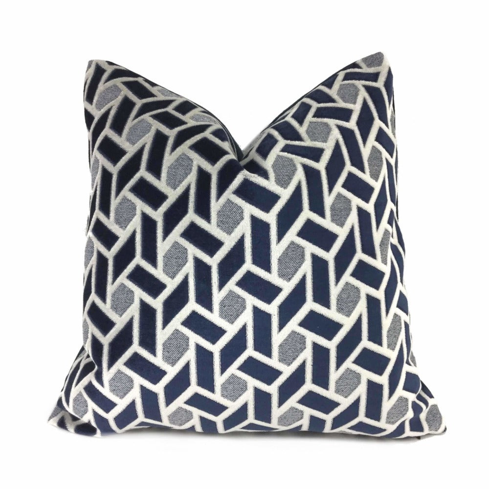 Navy Blue Light Gray Geometric Tile Velvet Pillow Cover