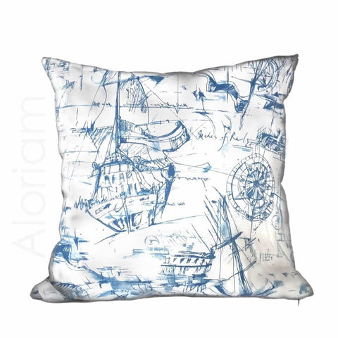 Blue White Sailing Sailboat Nautical Sketch Drawing Pillow Cushion Cover