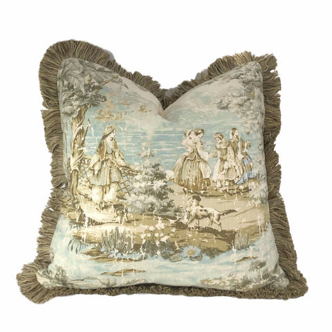 Bosporus Spa Blue Cream Old World Scenic Landscape Toile Pillow Cover with Brush Fringe Trim - Aloriam