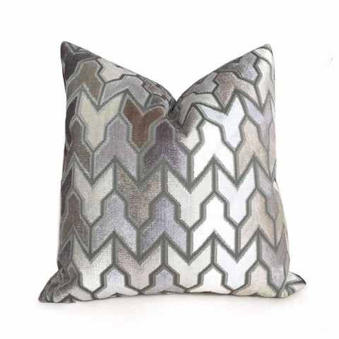 Designer Arrow Geometric Brown Beige Taupe Gray Cream Velvet Pillow Cover by Aloriam