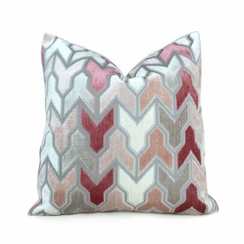 Designer Arrow Geometric Cut Velvet Pink Gray Cream Pillow Cover by Aloriam