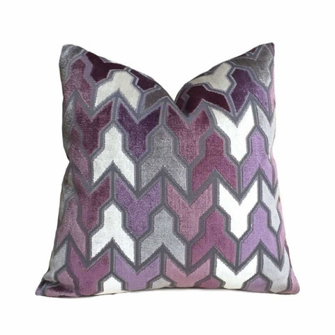 Designer Arrow Geometric Cut Velvet Purple Gray Cream Pillow Cover by Aloriam