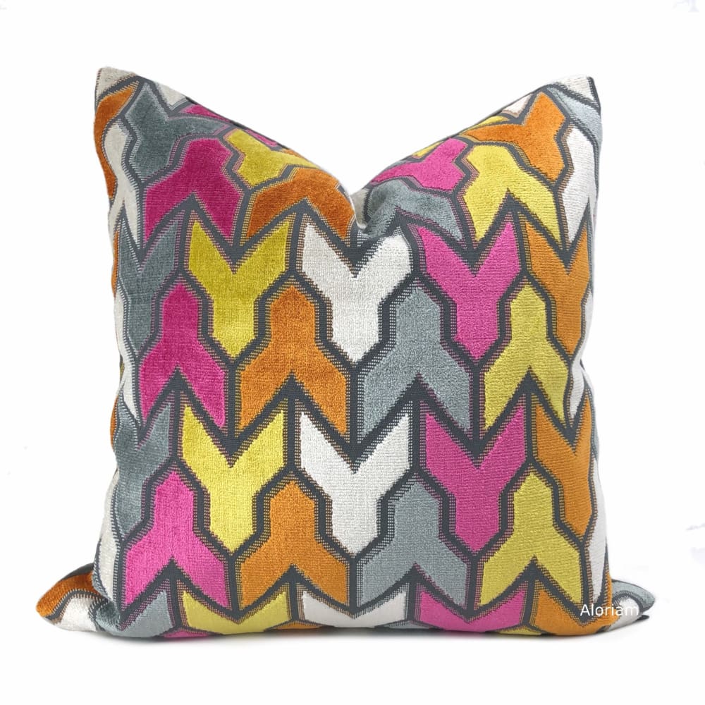 Brookhaven Arrow Geometric Pink Orange Yellow Gray Velvet Pillow Cover - Aloriam