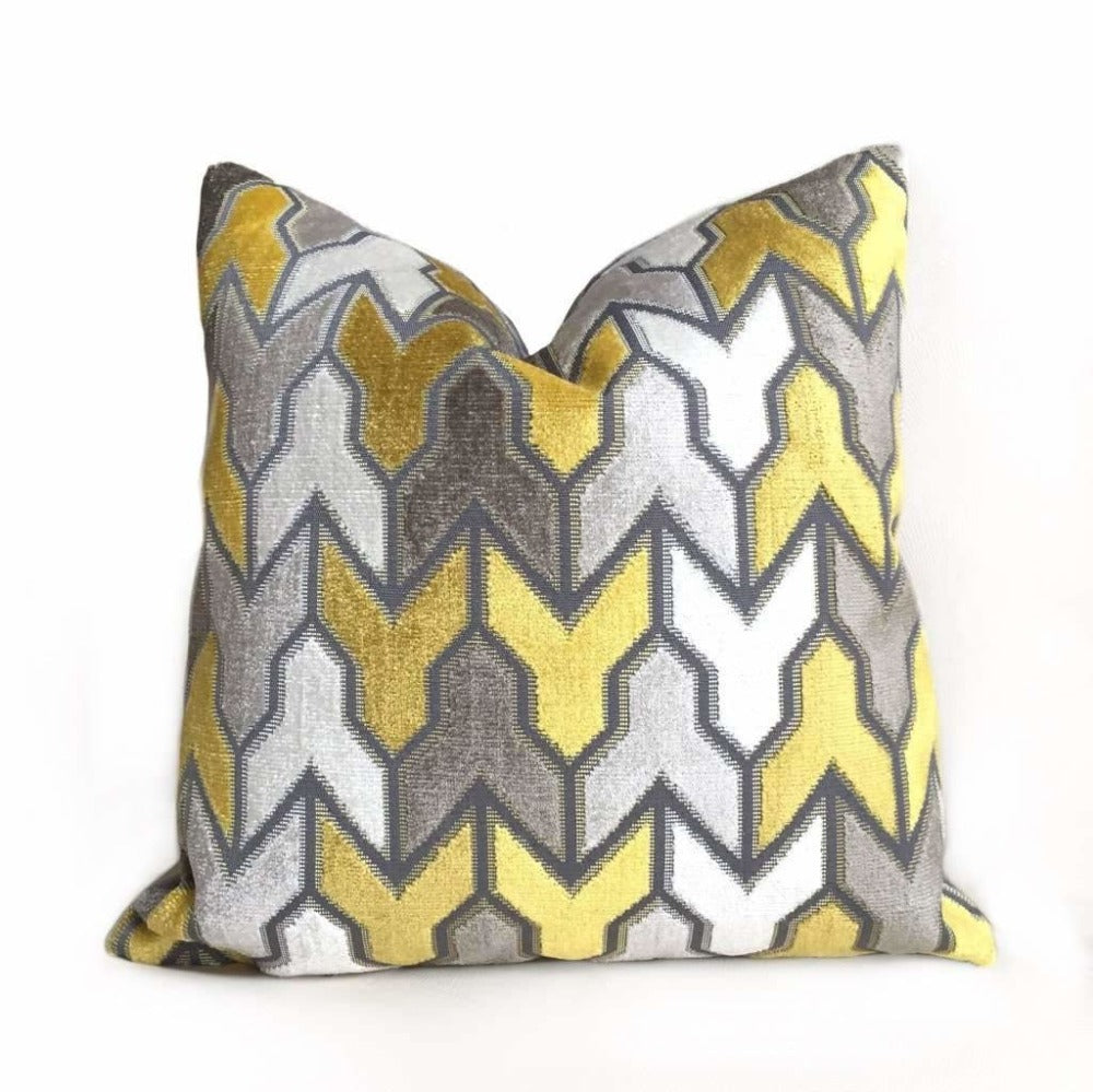 Designer Arrow Geometric Velvet Mustard Yellow Gray Cream Pillow Cover by Aloriam