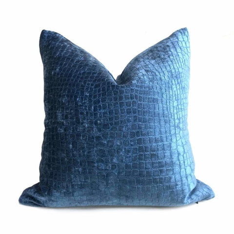 Cerulean Blue Crocodile Alligator Shiny Chenille Velvet Pillow Cover