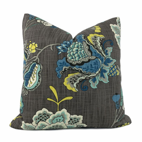 Charlotte Gray Blue Jacobean Floral Print Pillow Cover - Aloriam