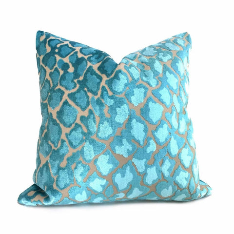 Designer Turquoise Blue Beige Leopard Animal Spots Cut Velvet Pillow Cover