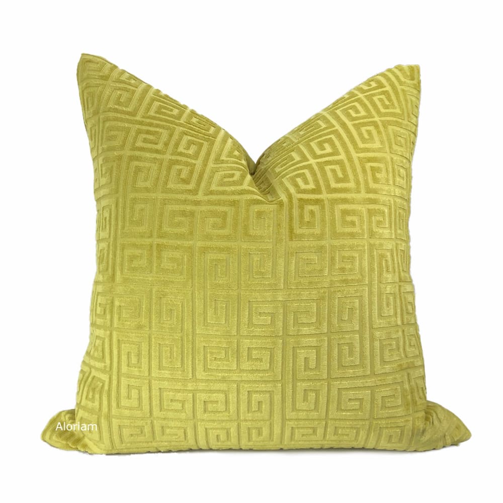 Cornelius Chartreuse Greek Key Geometric Velvet Pillow Cover - Aloriam