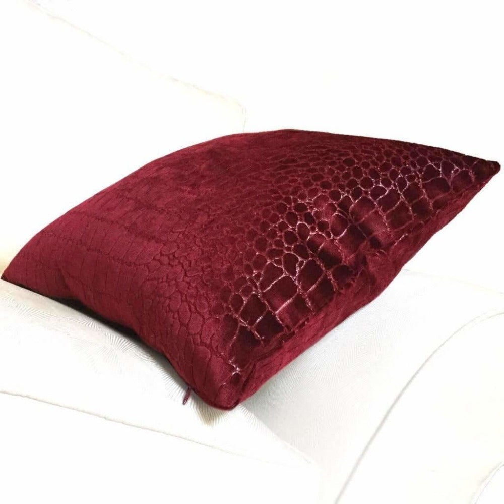 Crimson Red Crocodile Alligator Pattern Texture Velvet Pillow Cover