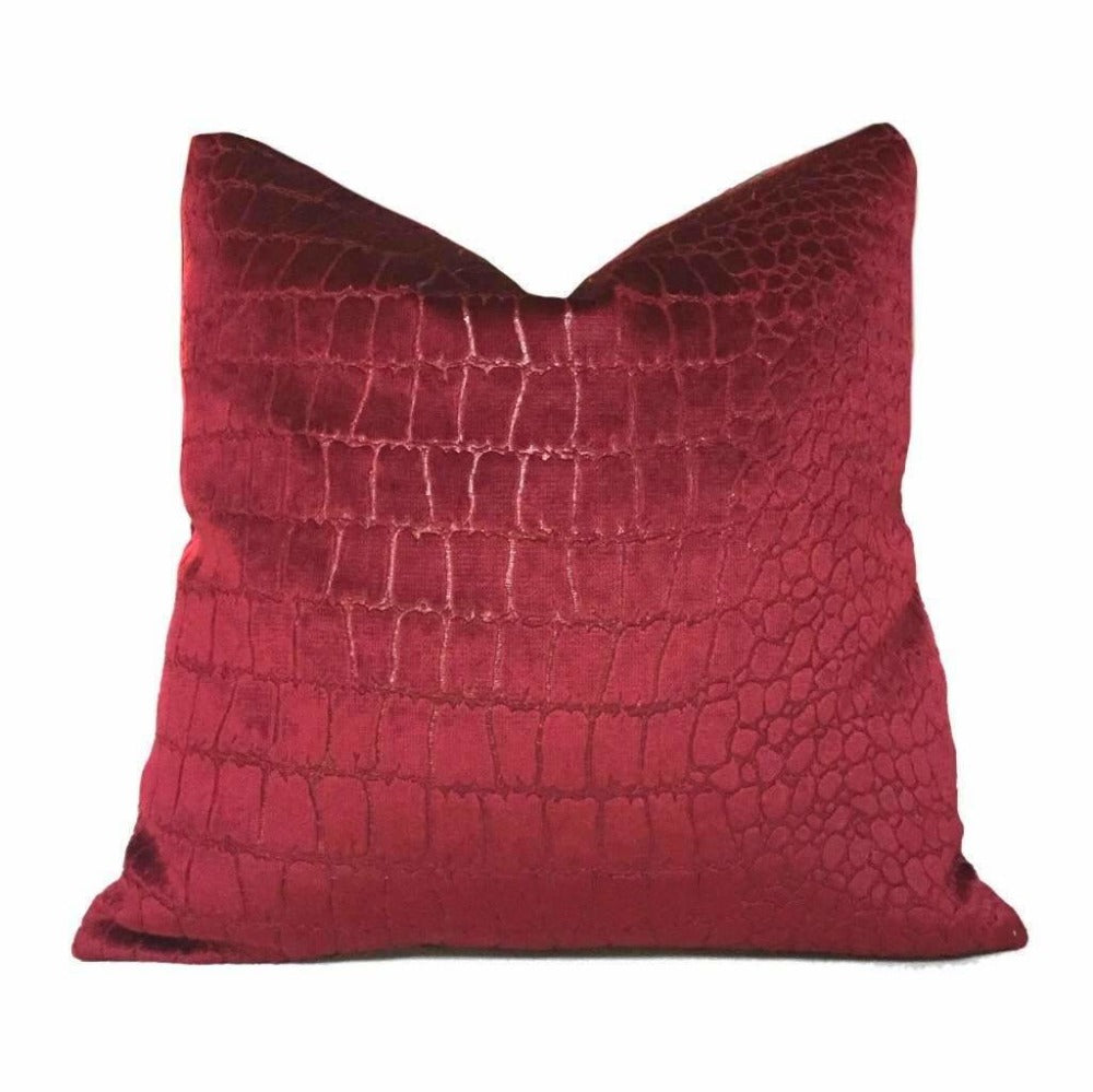 Crimson Red Crocodile Alligator Pattern Texture Velvet Pillow