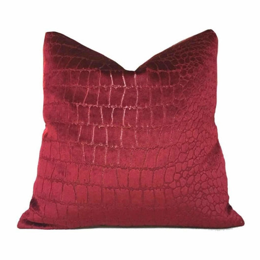 Crimson Red Crocodile Alligator Pattern Texture Velvet Pillow Cover