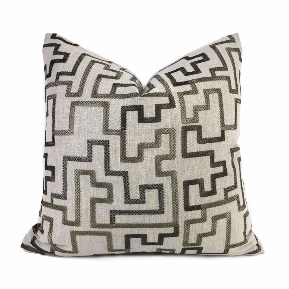 Cypher Bronze Beige Embroidered Maze Linen Pillow Cover - Aloriam