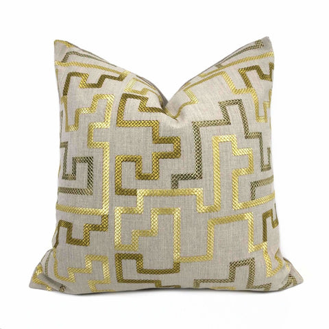 Cypher Metallic Gold Beige Embroidered Maze Linen Pillow Cover