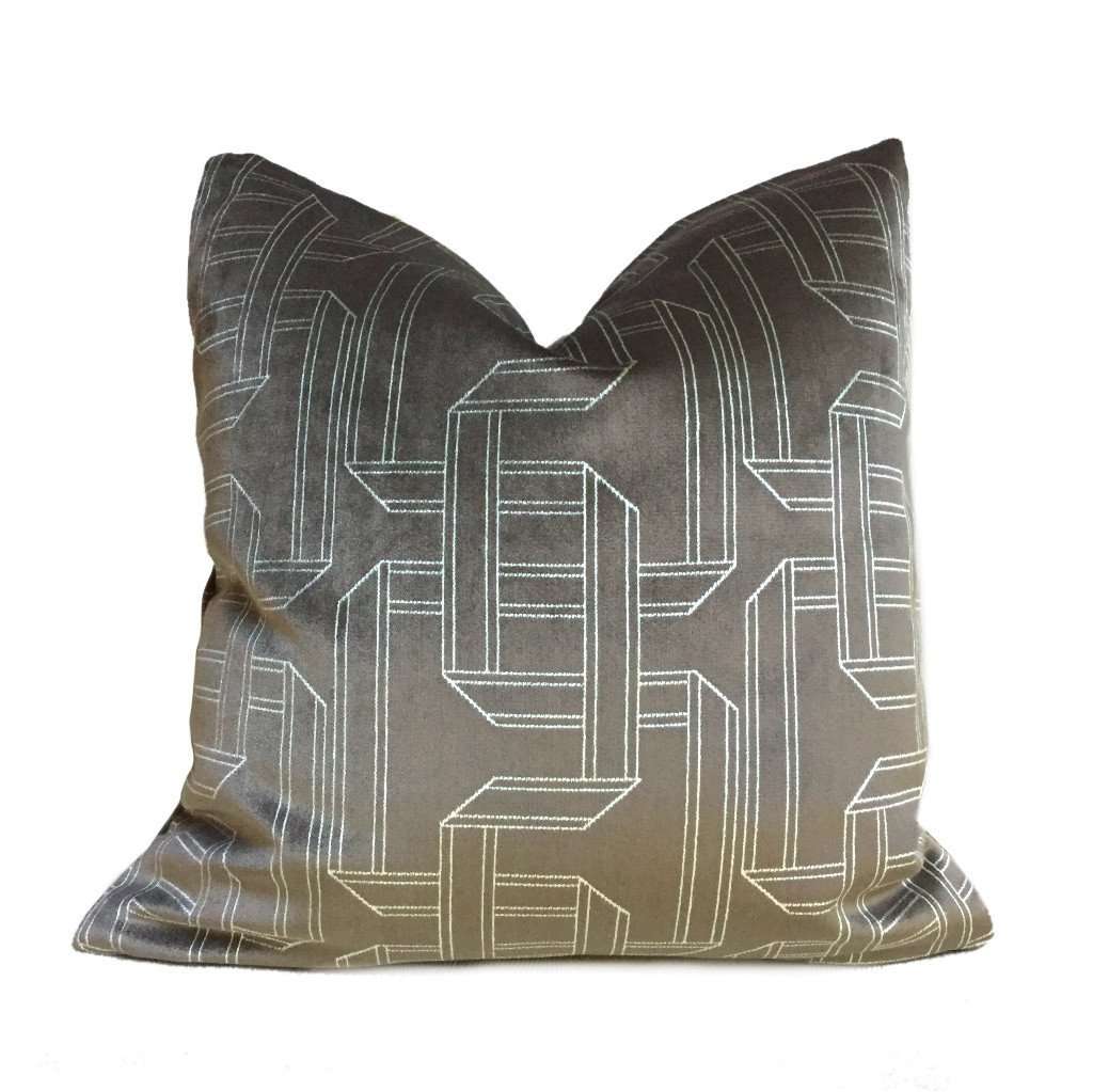 Dark Brown Silver Gray Velvet Geometric Pattern Pillow Cover by Aloriam
