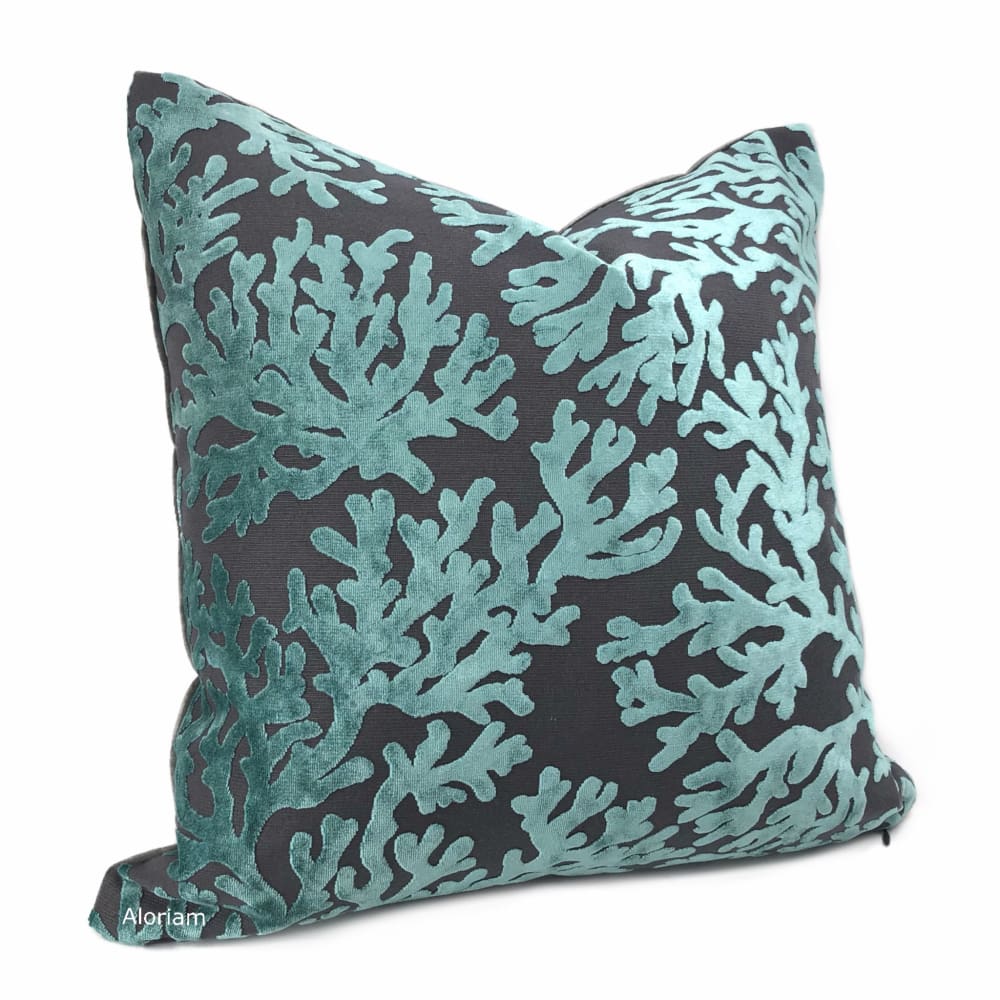 Del Mar Aquamarine Gray Coral Reef Velvet Pillow Cover (Fabric by