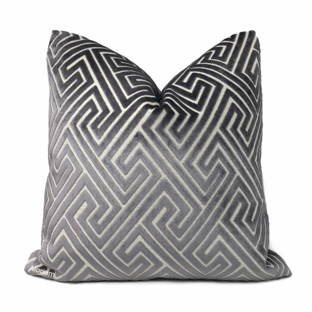 Delphi Dark Gray Greek Key Cut Velvet Pillow Cover - Aloriam
