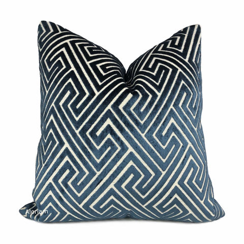 Delphi Navy Blue Greek Key Cut Velvet Pillow Cover - Aloriam