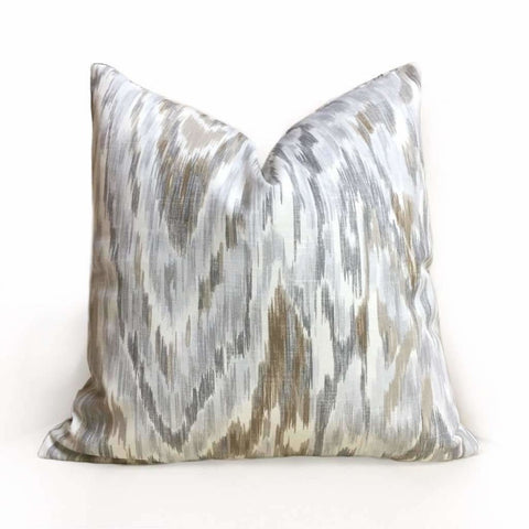 Designer Abstract Ethnic Ikat Gray Brown Off-White Cotton Print Pillow Cover by Aloriam