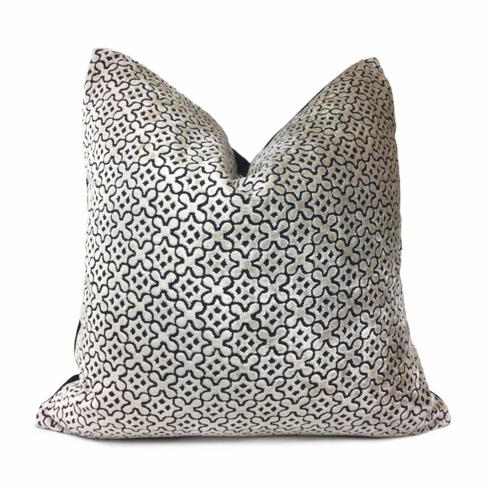 Designer Champagne Beige Geometric Tile Velvet Pillow Cover
