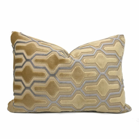 Designer Cut Velvet Beige Blue Geometric Trellis Lattice Pillow Cover - Aloriam