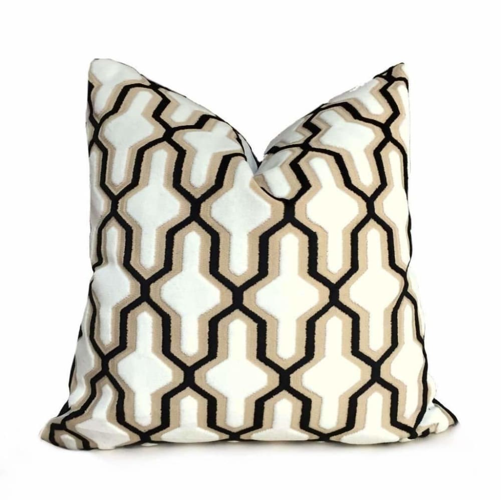 Designer Cut Velvet White Black Beige Geometric Trellis Pillow Cover - Aloriam