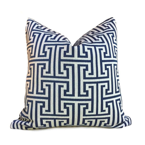Designer Dark Blue Beige Greek Key Geometric Pillow Cover by Aloriam