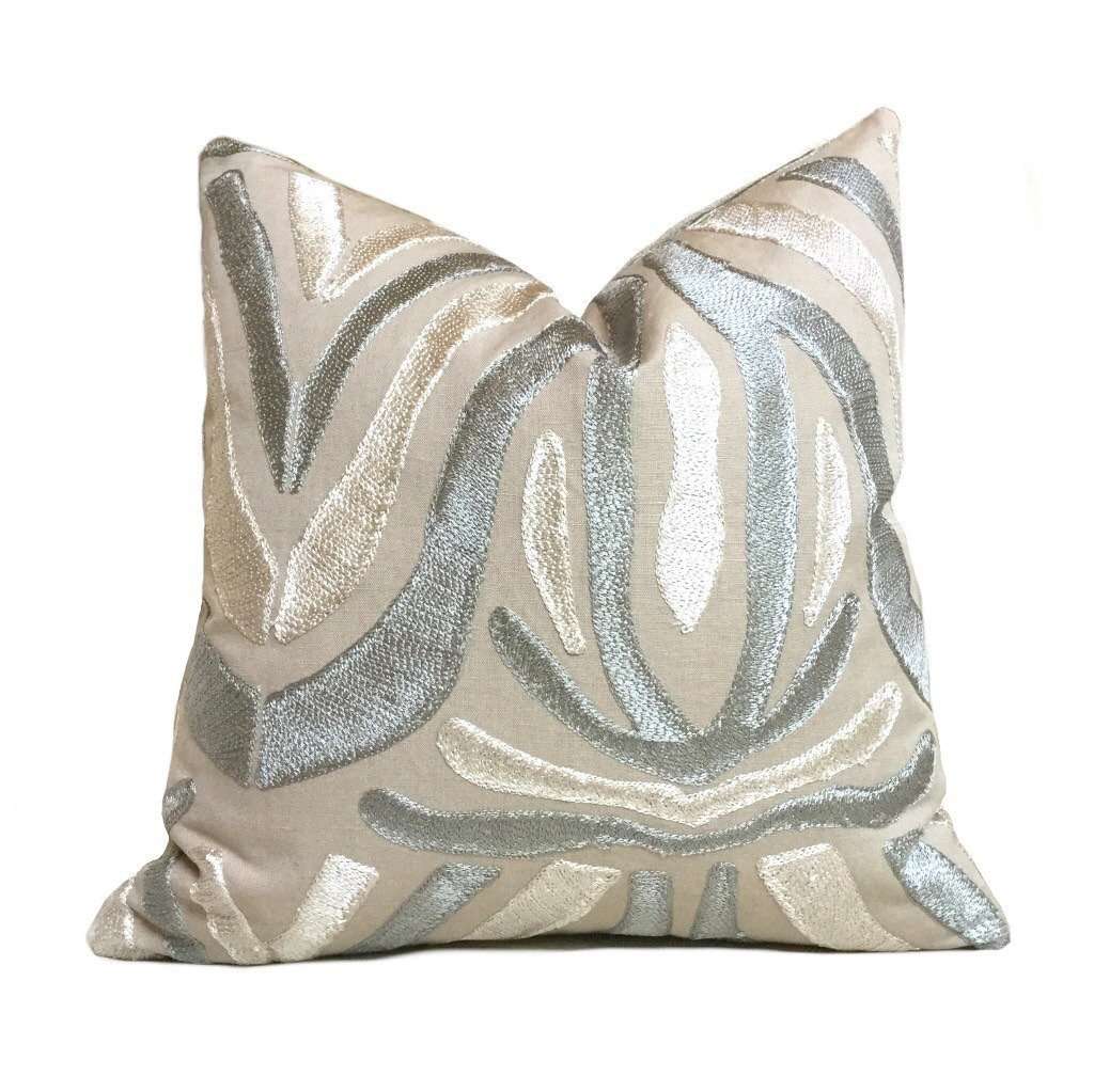 Designer Embroidered Ethnic Tribal Motif Silvery Beige Gray Tan Pillow Cover