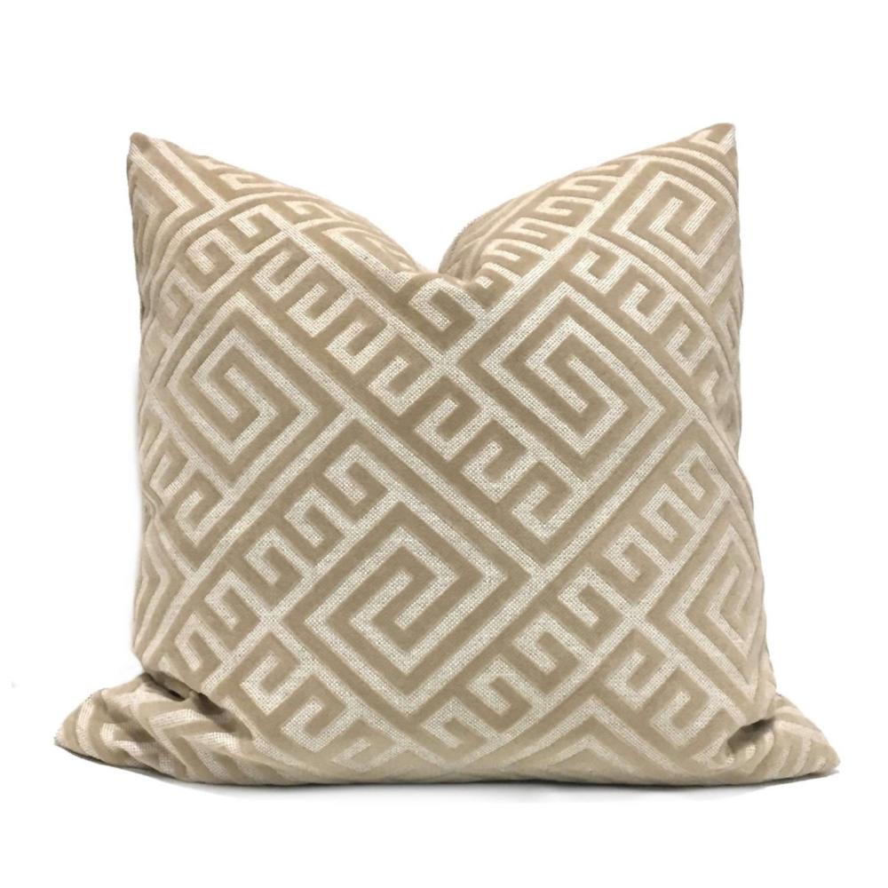 Designer Greek Key Tan Beige Flocked Velvet Pillow Cover by Aloriam