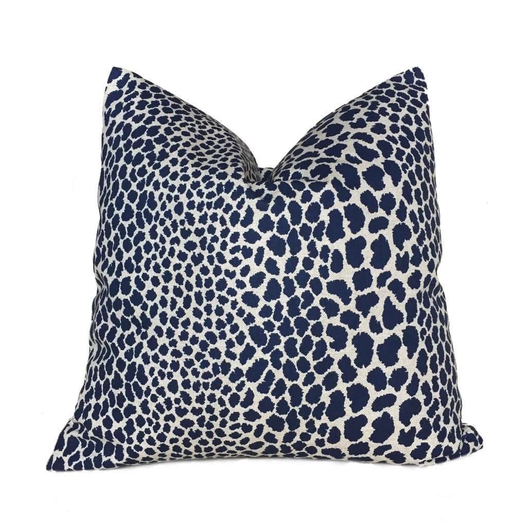 Designer Leopard Spots Navy Blue Beige Animal Print Pillow Cover by Aloriam