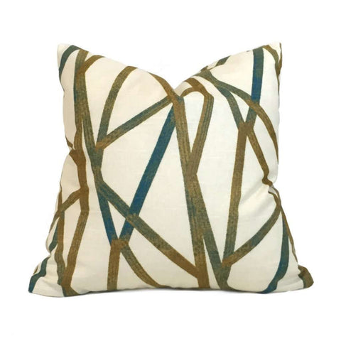 Designer Modern Abstract Lines Teal Cream Mustard Gold Cotton Print Pillow Cover by Aloriam