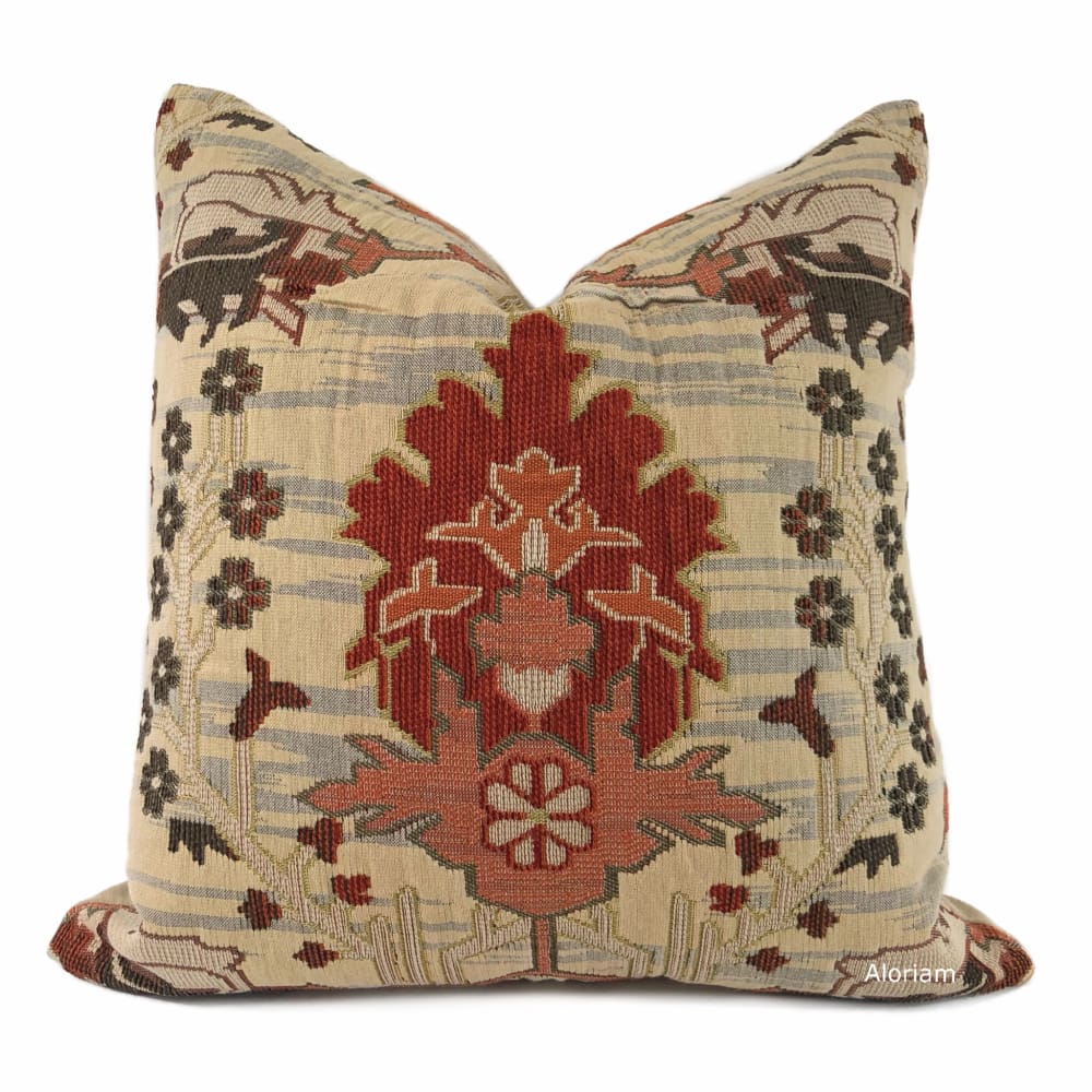 Designer Southwest Aztec Native Tribal Red Beige Pillow Cover - Fits 26x26 insert (24x24 cover) / Pattern front - Solid Beige Back / Limit 2